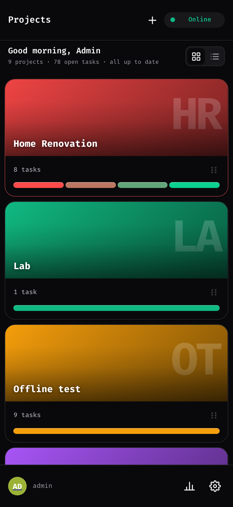 The Kanteen projects screen on a phone, showing project covers