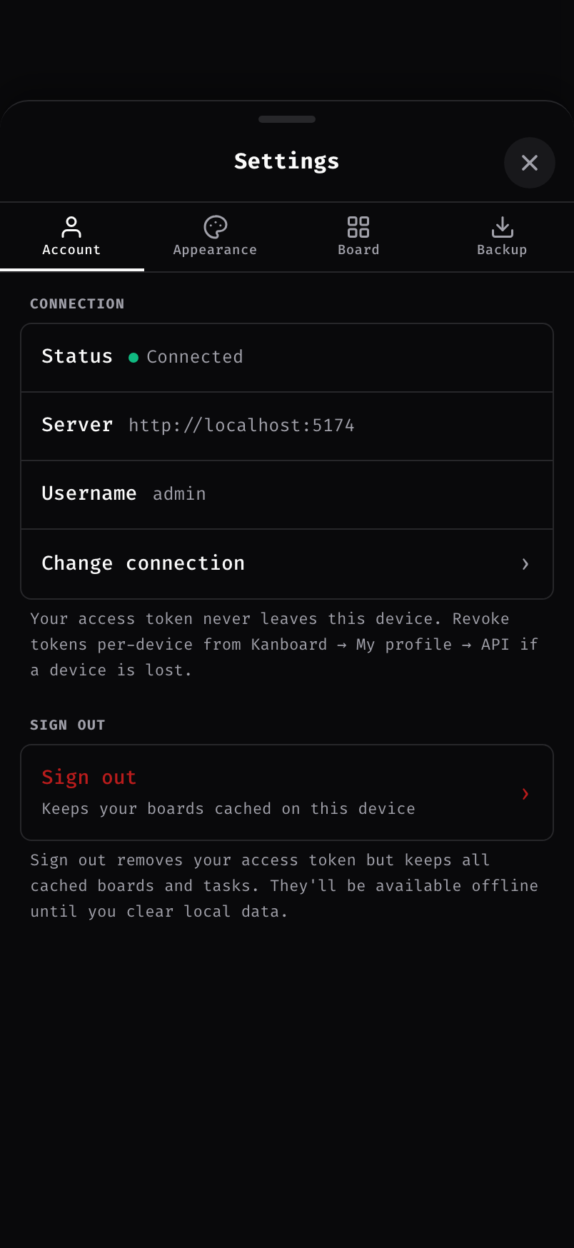 Settings screen with theme presets, custom themes, and a font picker