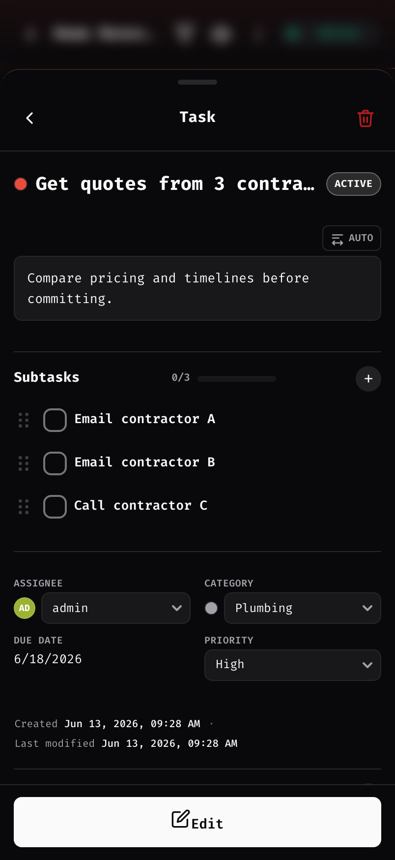 Task detail with subtasks, assignee, category, and priority